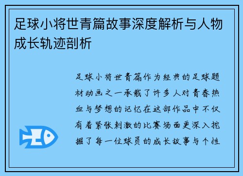 足球小将世青篇故事深度解析与人物成长轨迹剖析